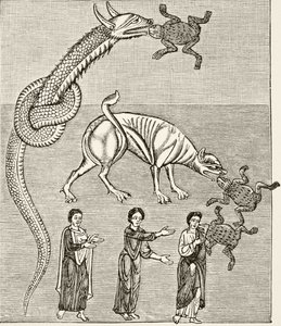 Die Schlange oder der Drache und der Behemoth oder der Teufel, nach einer Miniatur in einem Manuskript des 12. Jahrhunderts des 